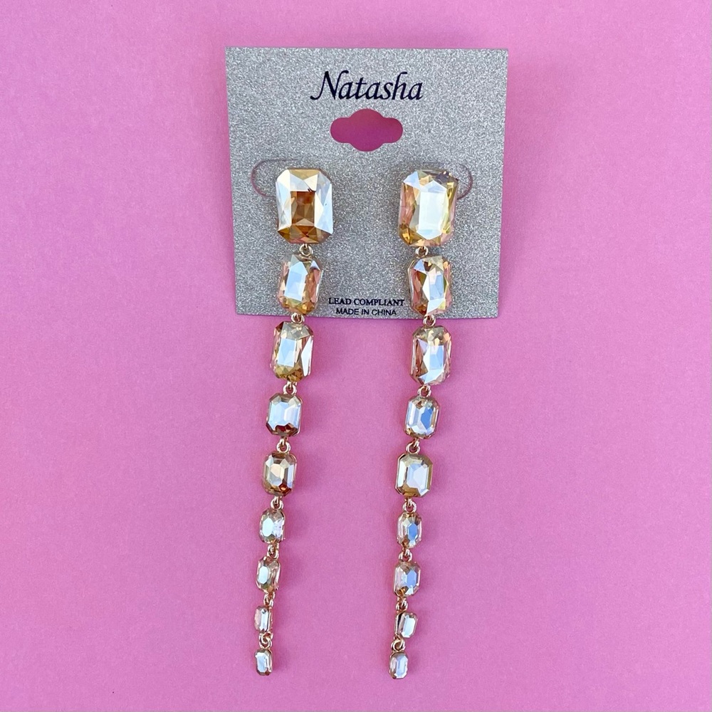 NWT Natasha Clear Gold Rhinestone Long Statement Earrings 5”
